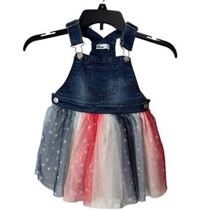Epic Threads Patriotic Denim Overall Dress Red White Blue Star Tulle Skirt sz 3T